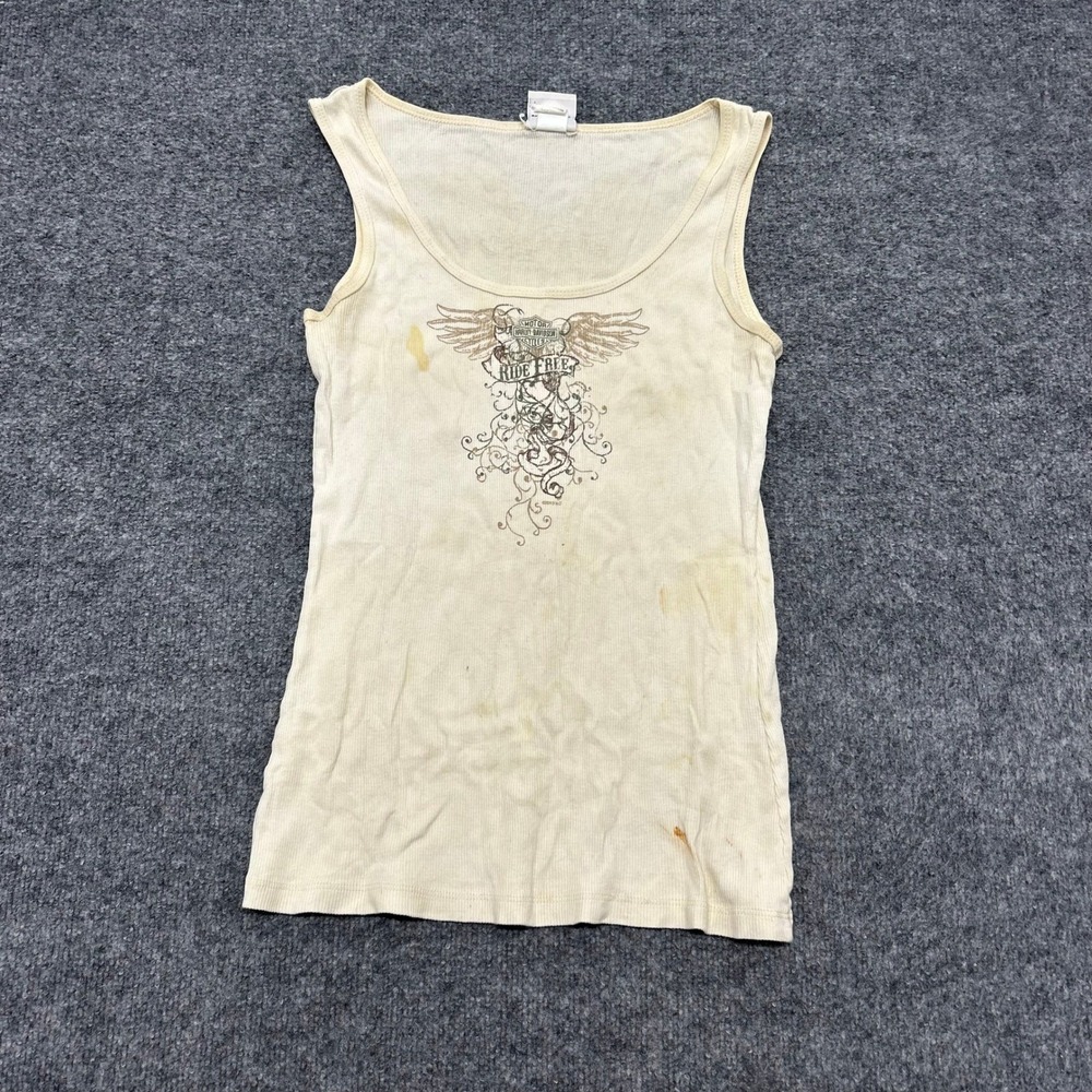 Harley-Davidson Tank Top Womens Size S Cream Cotton Ribbed Graphic Distressed